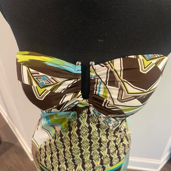 Boutique Strapless Geo-Print Maxi Dress in Teal and Brown - Picture 3 of 6